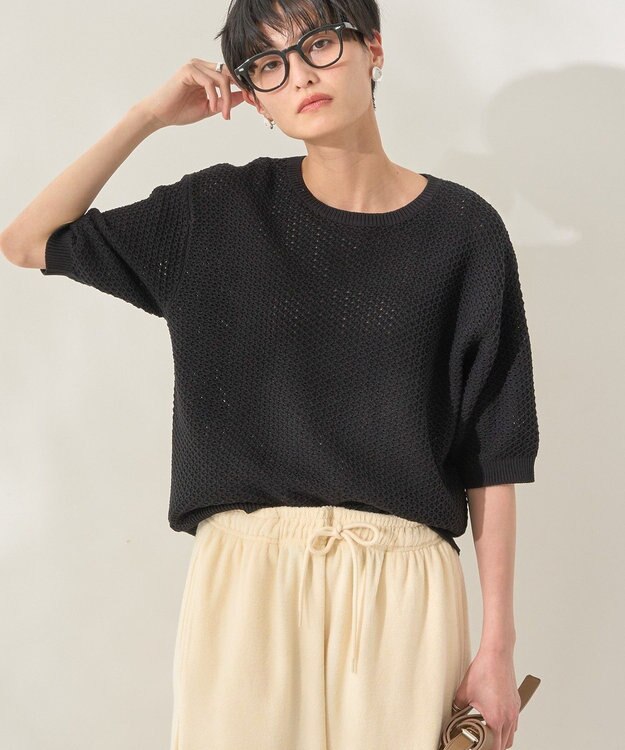 AMERICAN HOLIC 透かし編み半袖ニットプルオーバー Black