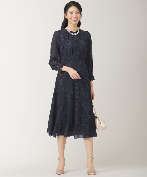 ANY SIS S 【洗える】ラインエンブロイダリー ドレス ネイビー