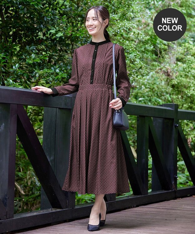 Tiaclasse 【新色追加・洗える】配色バンドカラー幾何学柄ワンピース ボルドー