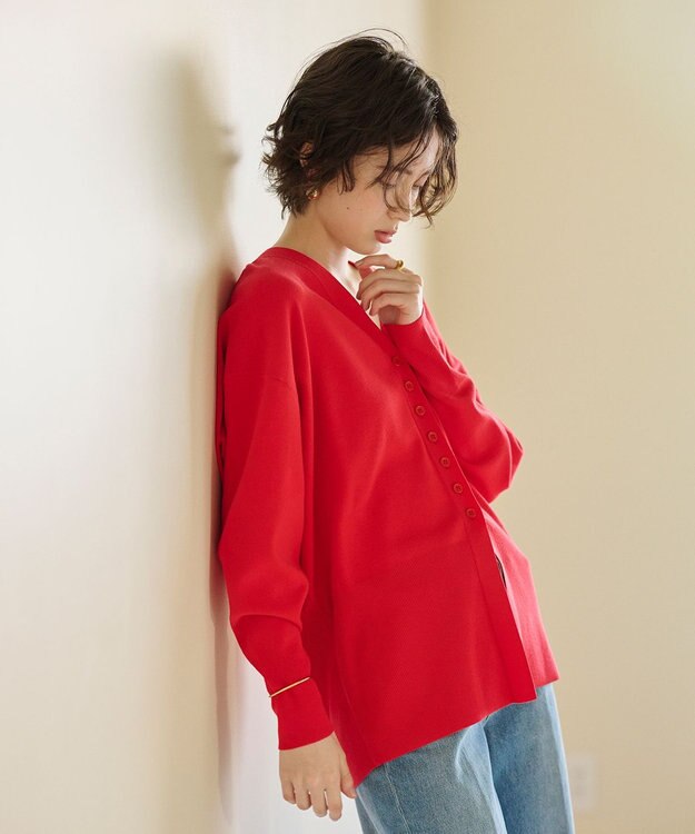 #Newans 【洗える】ファインボタンＶネックカーディガン レッド