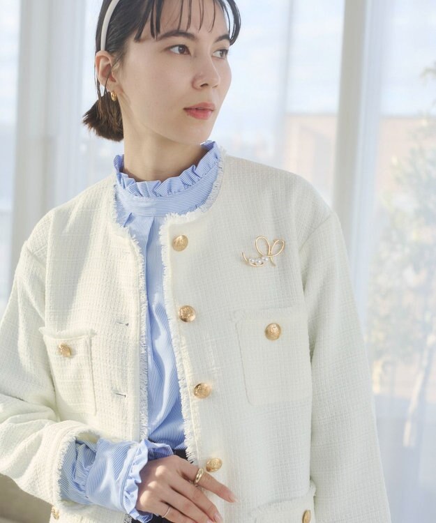 WEGO 【ANGIE VINTAGE/オケージョン対応 / セレモニー対応】ノーカラー ツイードジャケット オフホワイト