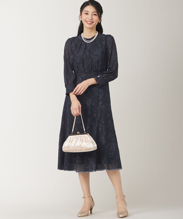 ANY SIS 【洗える】ラインエンブロイダリー ドレス ネイビー