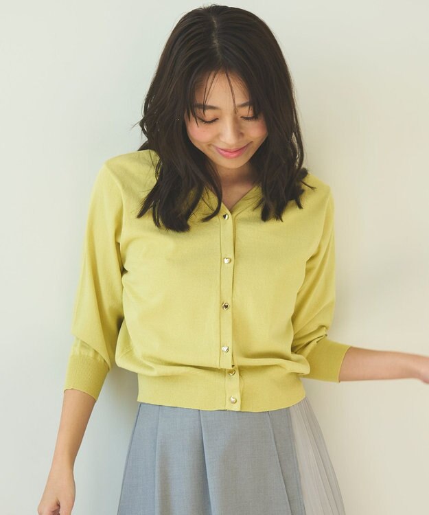 Feroux 【洗える・接触冷感・UVカット】ハートボタン7分袖 カーディガン イエロー系
