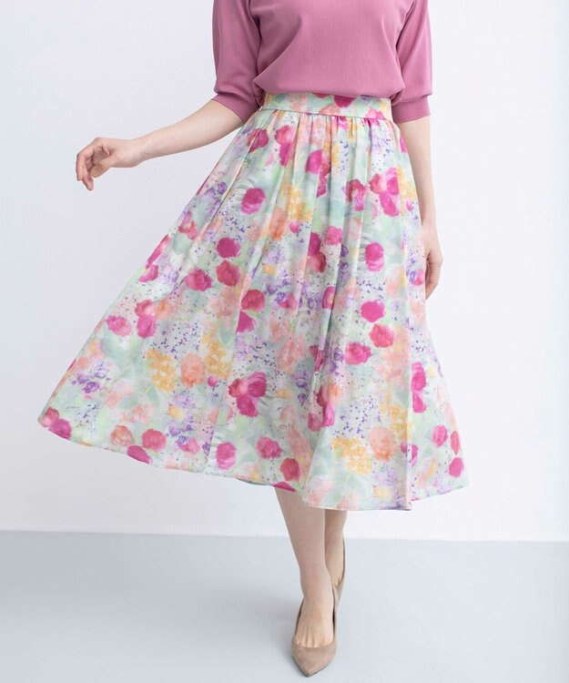 組曲 ピオニーシフォンプリント フレアスカート ピンク系5