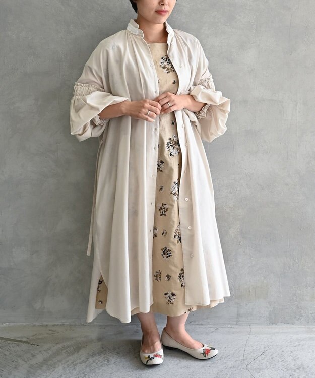 muuc 〈コットン×リネン〉〈高品質なドライタッチ生地〉野小花刺繍ゆったりワンピース ベージュ