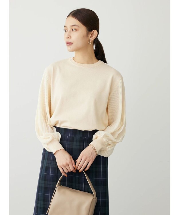 Green Parks プリーツ袖ニットプルオーバー Ivory