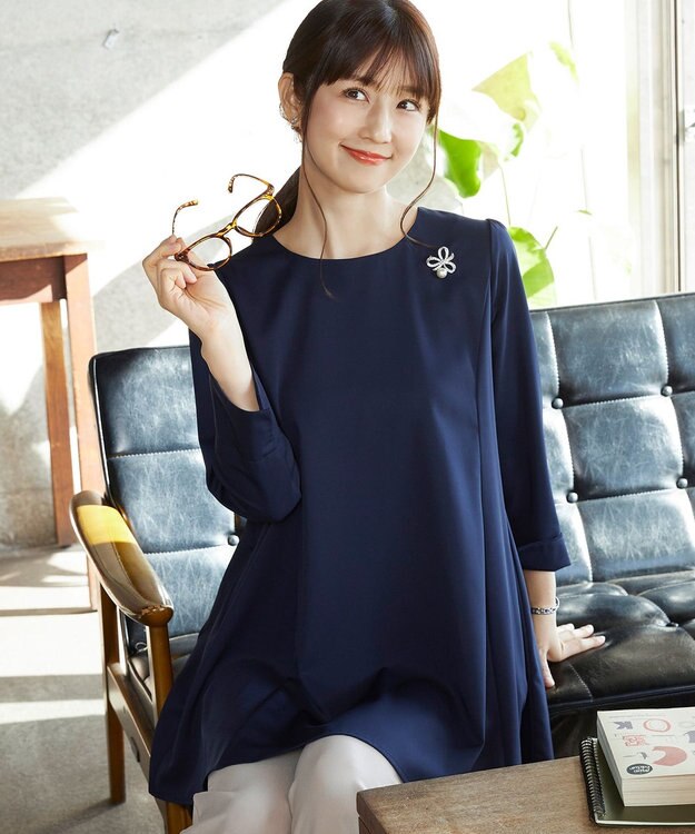 Tiaclasse L 【小倉優子さん着用・選べる袖TYPE・洗える】バックフレアチュニック 七分袖ネイビー