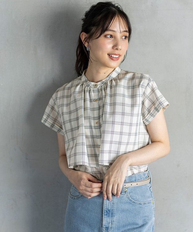 ANY SIS L 【洗える】バンドカラーレイヤード ブラウス アイボリーチェック