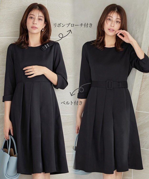 Tiaclasse 【3WAY】リボンブローチ＆ベルト付きフレアワンピース ブラック