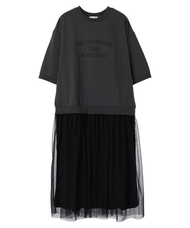 Green Parks ７分袖チュールドッキングロゴワンピース Charcoal Gray