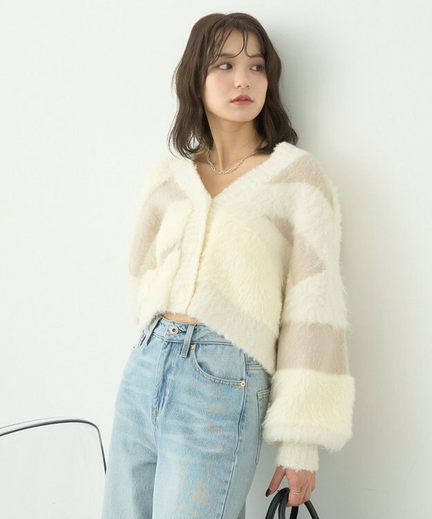 earth music&ecology フェザーミックスインターシャカーディガン Ivory