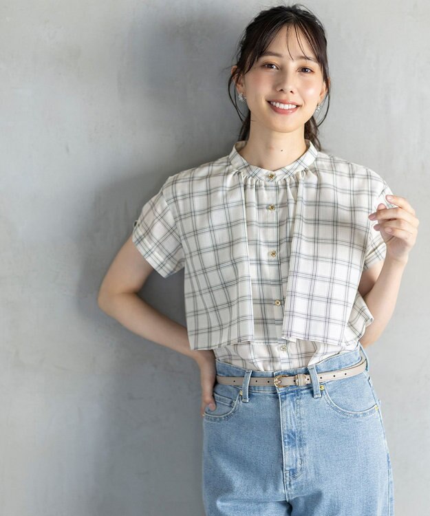 ANY SIS L 【洗える】バンドカラーレイヤード ブラウス アイボリーチェック