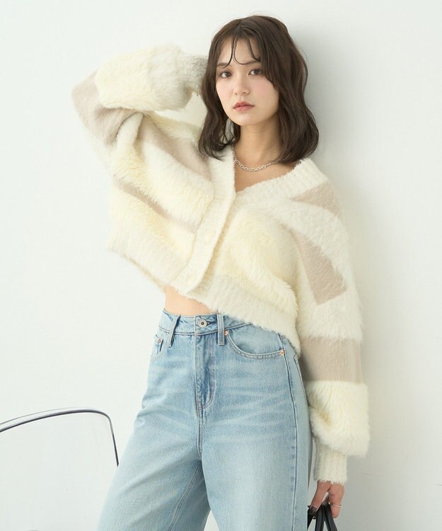 earth music&ecology フェザーミックスインターシャカーディガン Ivory