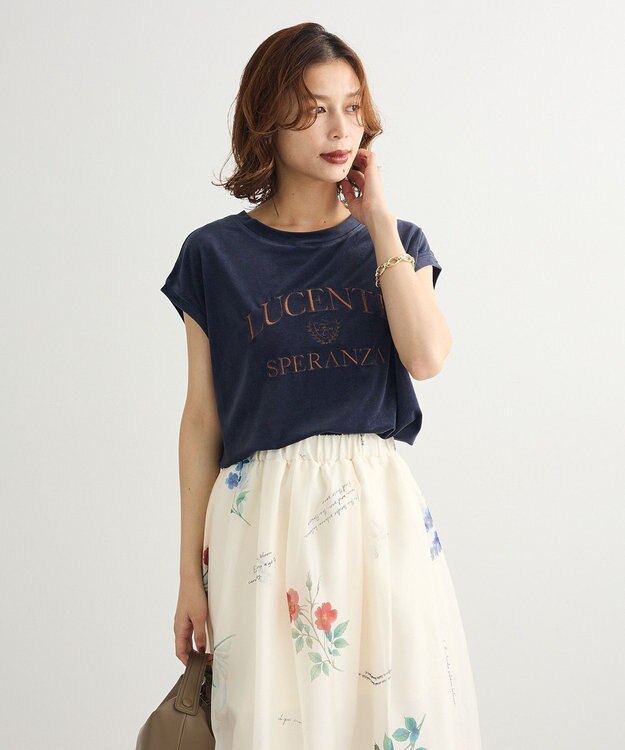 Green Parks ベロアロゴフレンチスリーブチュニック Navy