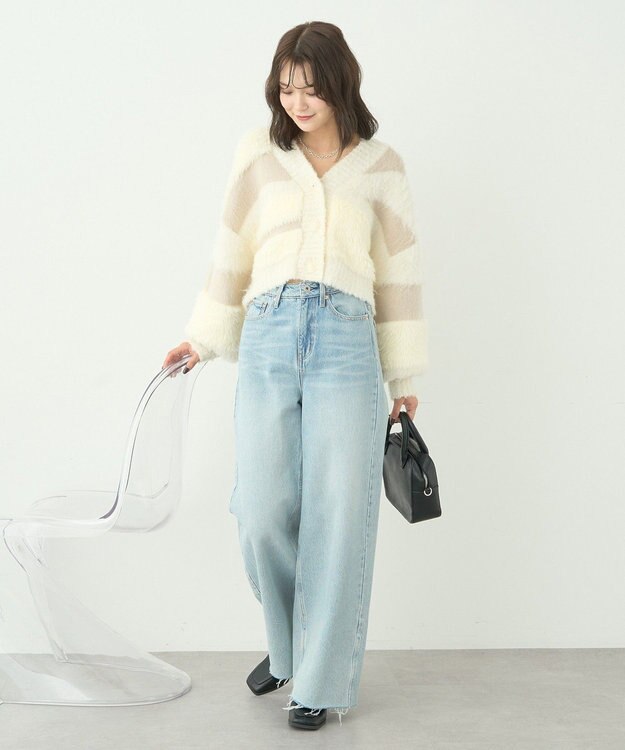 earth music&ecology フェザーミックスインターシャカーディガン Ivory