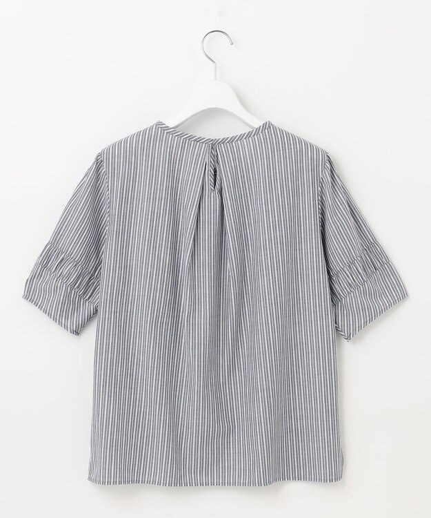 J.PRESS LADIES 【洗える】BEZ空羽ストライプ クルーネック ブラウス ネイビー系1