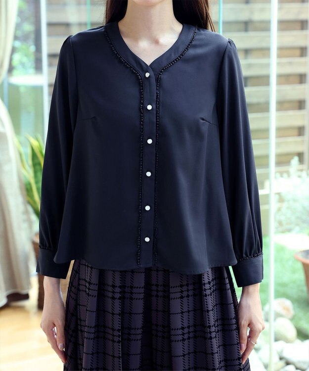 Tiaclasse 【洗える】Vネックレースブラウス ネイビー