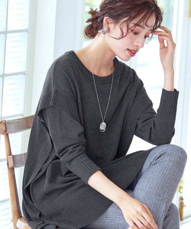 Tiaclasse 【洗える】重ね着風大人ニットチュニック チャコールグレー