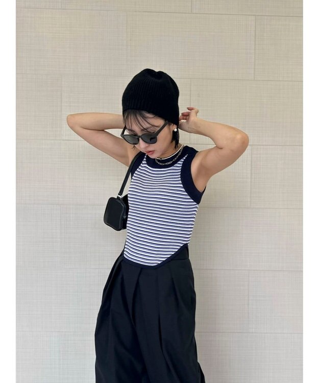 Green Parks デザインヘム配色ニットタンクトップ Blue