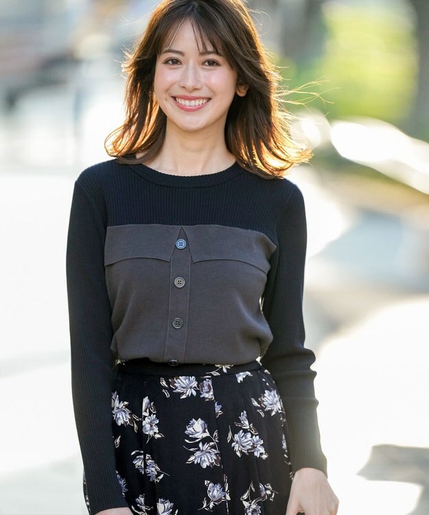 ANY SIS S ビスチェ風 長袖 ニット チャコール×ネイビー