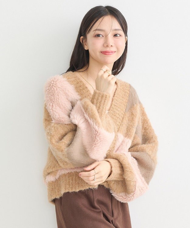 earth music&ecology フェザーミックスインターシャカーディガン Brown