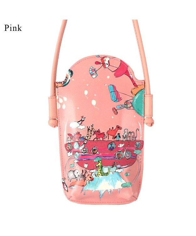 tsumori chisato CARRY バルーンに乗って ポシェット ショルダー スマホケース  【アニマルプリント＆刺繍】 ピンク