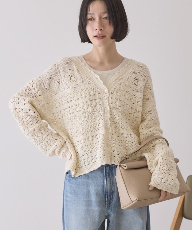 AMERICAN HOLIC 【前後2WAY】レース透かし編みニットカーディガン Ivory
