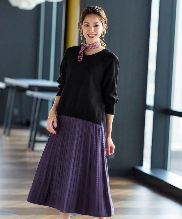 Tiaclasse アラン柄ニットフレアスカート パープル