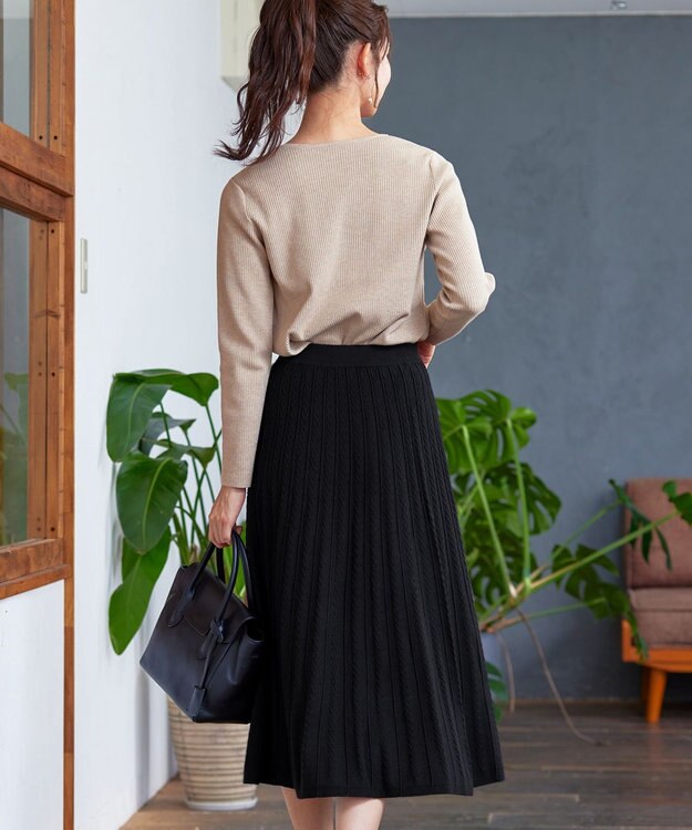 Tiaclasse L 【洗える】アラン柄ニットフレアスカート ブラック