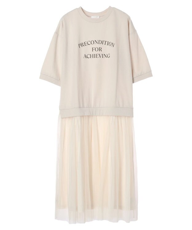 Green Parks ７分袖チュールドッキングロゴワンピース Beige