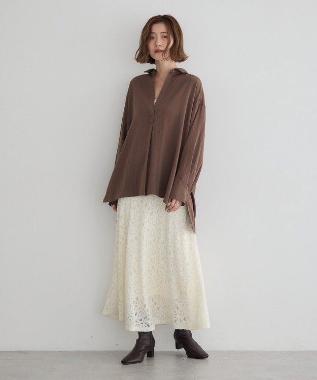 YECCA VECCA フラワー起毛レースマーメイドスカート Off White