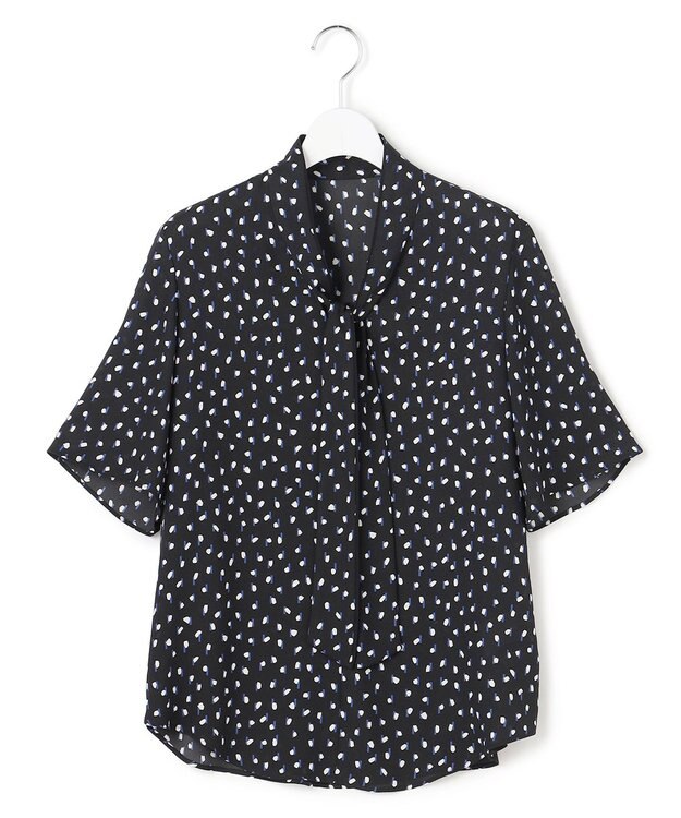 ICB 【先行予約】BackSatinAmunzen 5分袖配色ボウタイブラウス ブラック×ミックスモチーフドット
