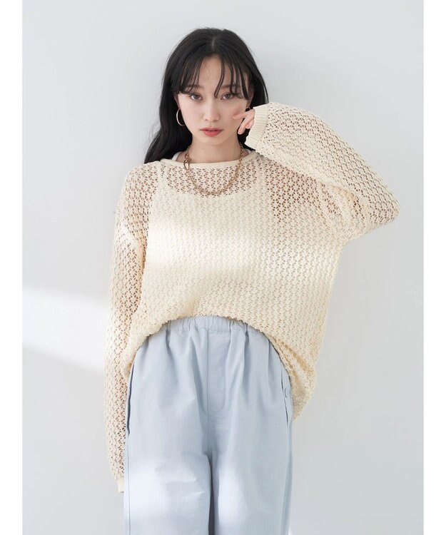 earth music&ecology メッシュ編みニットプルオーバー Ivory