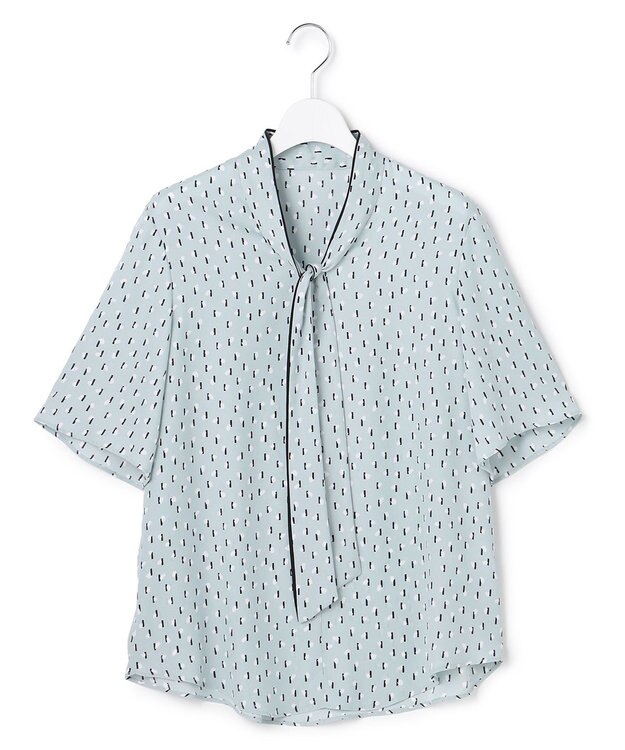 ICB 【先行予約】BackSatinAmunzen 5分袖配色ボウタイブラウス サックスグレー×ミックスモチーフドット