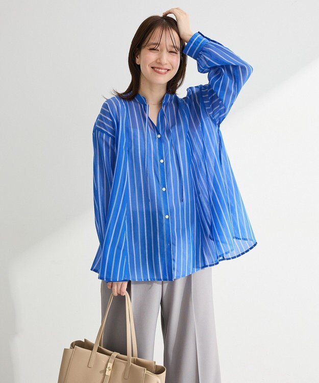Green Parks フレアラインスキッパーブラウス Stripe Sax