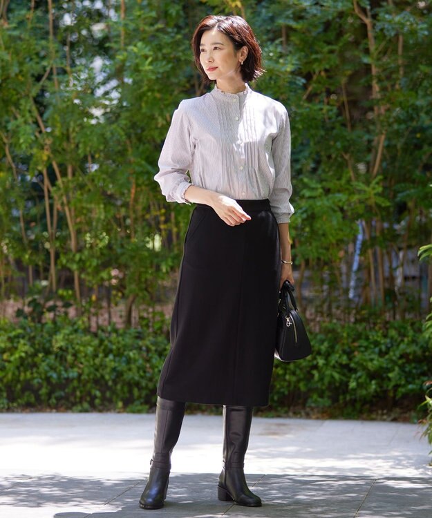 J.PRESS LADIES 【洗える】BEZ C/Ny ドビーストライプ フリルネック ブラウス グレー系1