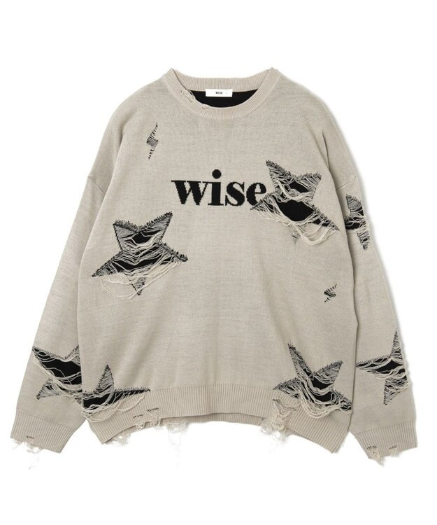 WEGO 【ユニセックス着用ITEM】ダメージジャガードニットプルオーバー オフホワイト