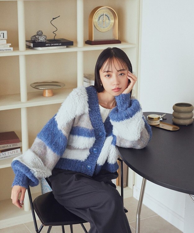 earth music&ecology フェザーミックスインターシャカーディガン Blue