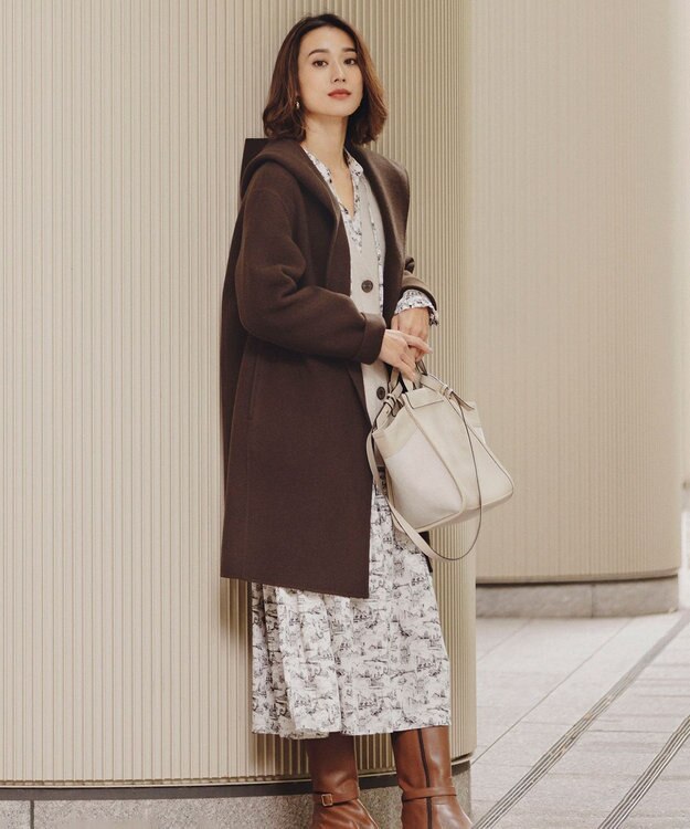 23区 L ウールリバー フード付き ミドル丈コート ダークブラウン系