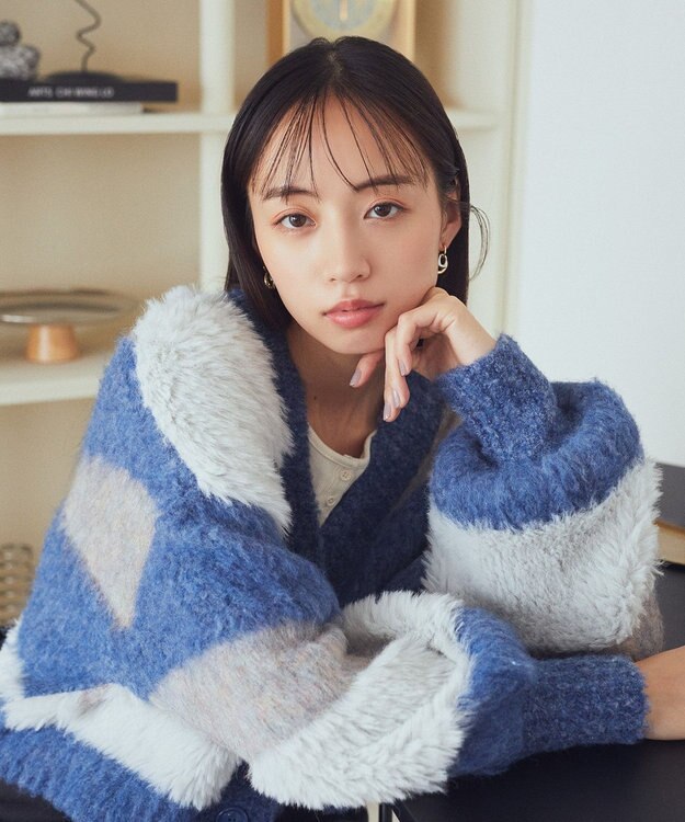 earth music&ecology フェザーミックスインターシャカーディガン Blue