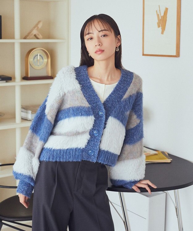 earth music&ecology フェザーミックスインターシャカーディガン Blue