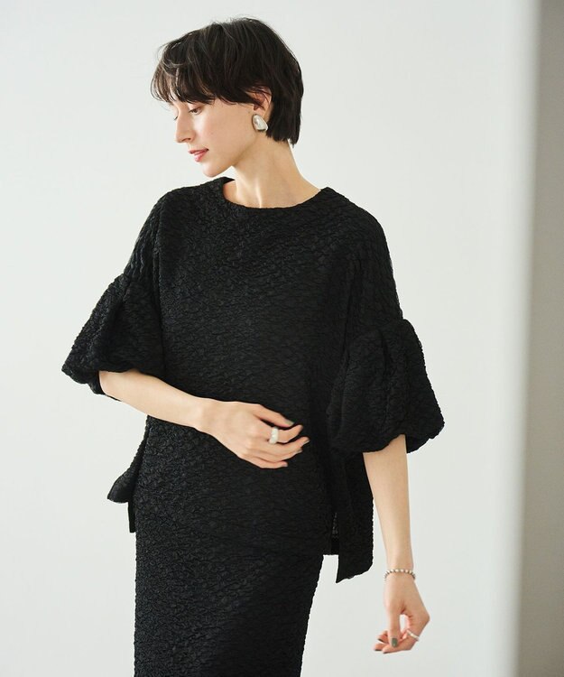 #Newans 【金子綾さんインスタライブご紹介アイテム】【洗える/セットアップ可能】ふくれジャガード パフスリーブブラウス ブラック