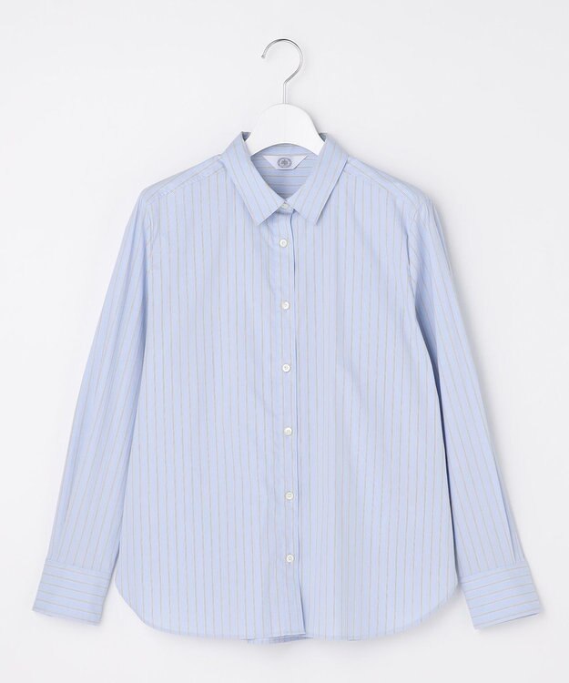 J.PRESS LADIES BEZコットンナイロン ストライプ シャツカラー ブラウス サックス×ホワイト×ベージュ系