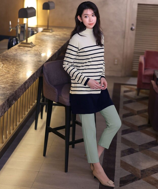 Tiaclasse 【洗える】ボーダーニットチュニック オフホワイト×ネイビー