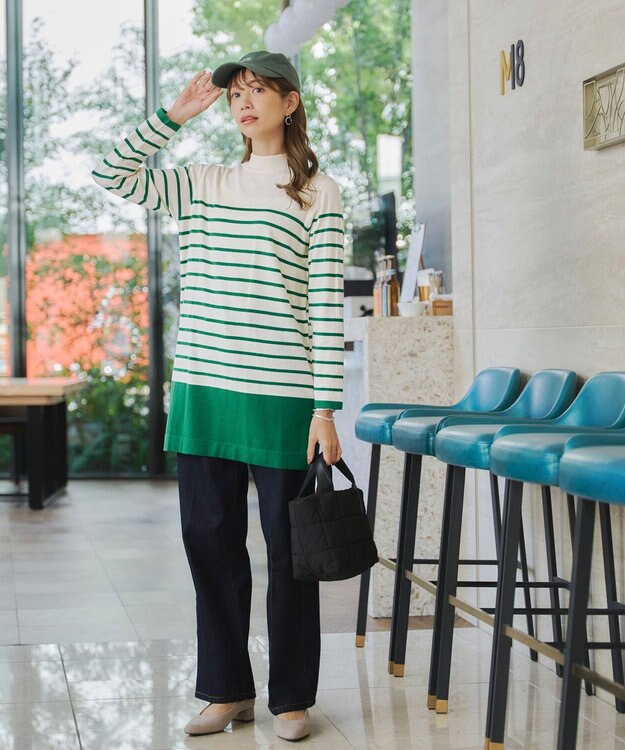 Tiaclasse 【洗える】ボーダーニットチュニック オフホワイト×グリーン