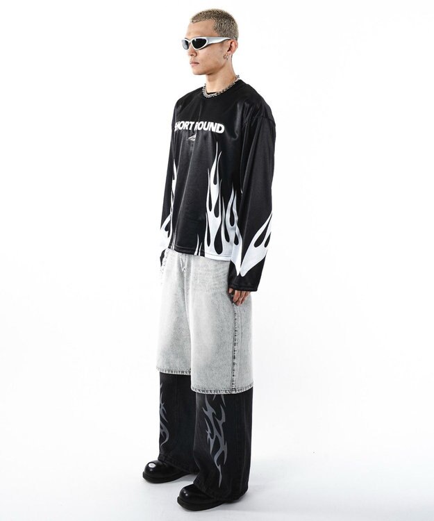 WEGO 【ユニセックス着用ITEM】ファイヤーパターンゲームロゴT（長袖） ブラック