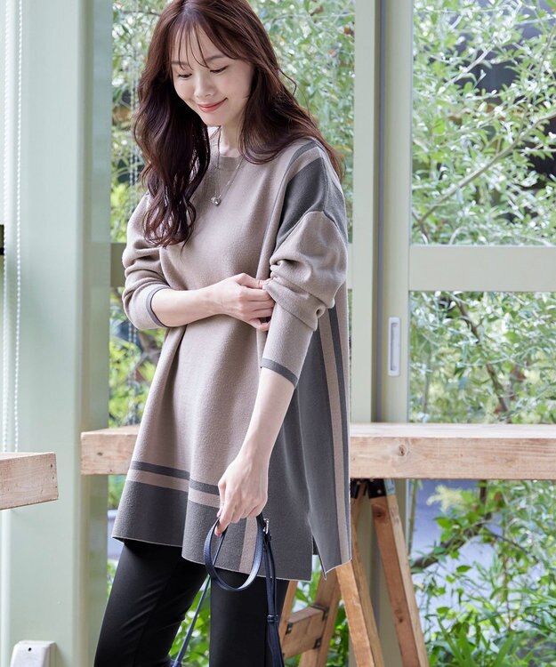 Tiaclasse 【新色追加・洗える】配色ニットチュニック グレージュ×チャコールグレー