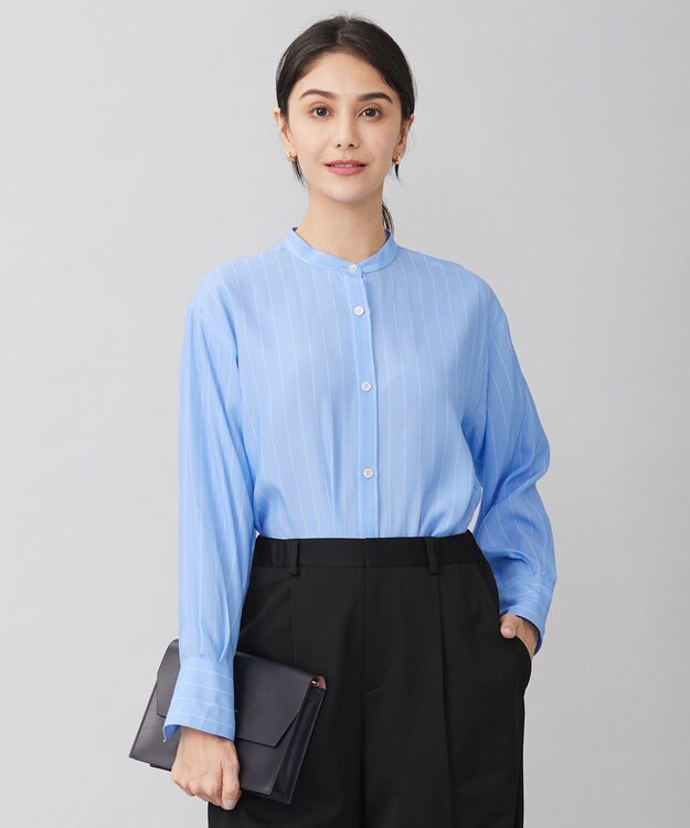 自由区 L 【洗える】SOMELOSテンセルバンドカラー シャツ サックス×オフ