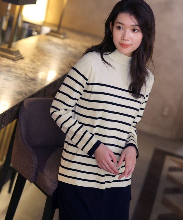 Tiaclasse 【洗える】ボーダーニットチュニック オフホワイト×ネイビー