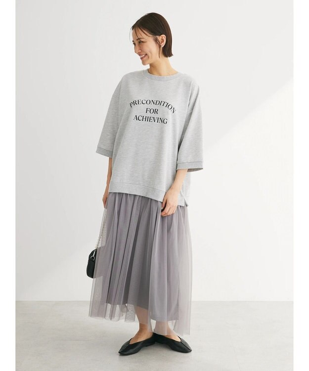 Green Parks ７分袖チュールドッキングロゴワンピース Gray Mixture